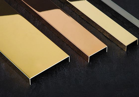 Bordure de carrelage en profilé U en acier inoxydable miroir doré avec traitement anti-traces de doigts et épaisseur de 0,65 mm